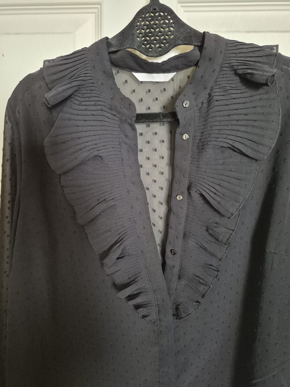 H&M Women’s Black Ruffle Front And Dot-Texture Blouse